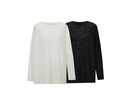 Damen-Rundhalspullover Jacquard Raglan locker lang Lyocell Frühling