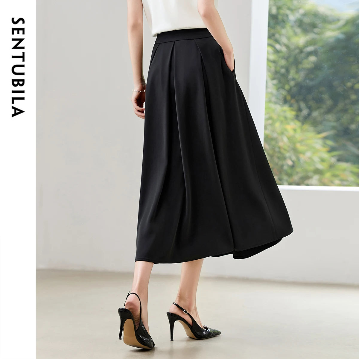 Damen Midirock in Schwarz mit Seitentaschen für Büro und Freizeit