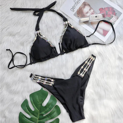 Schwarzes Bikini-Set mit Blumenmuster und Push-up-Effekt – verführerische Bademode für Strand und Pool