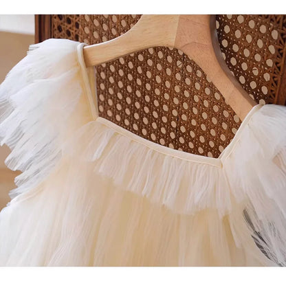 Beiges Sommerkleid für Mädchen im französischen Prinzessinnenstil mit kurzen Ärmeln – ideal für Geburtstagsfeiern und Hochzeiten, geeignet für Kinder von 110 cm bis 170 cm
