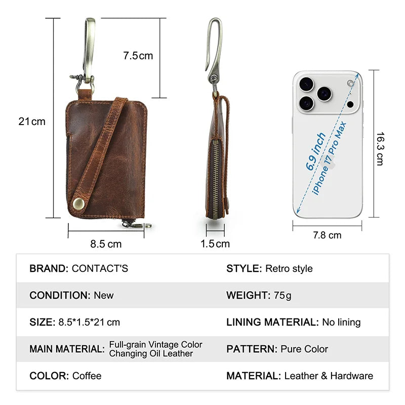Braune Schlüssel-Ledertasche mit Maßangaben, Metallhaken und Reißverschluss