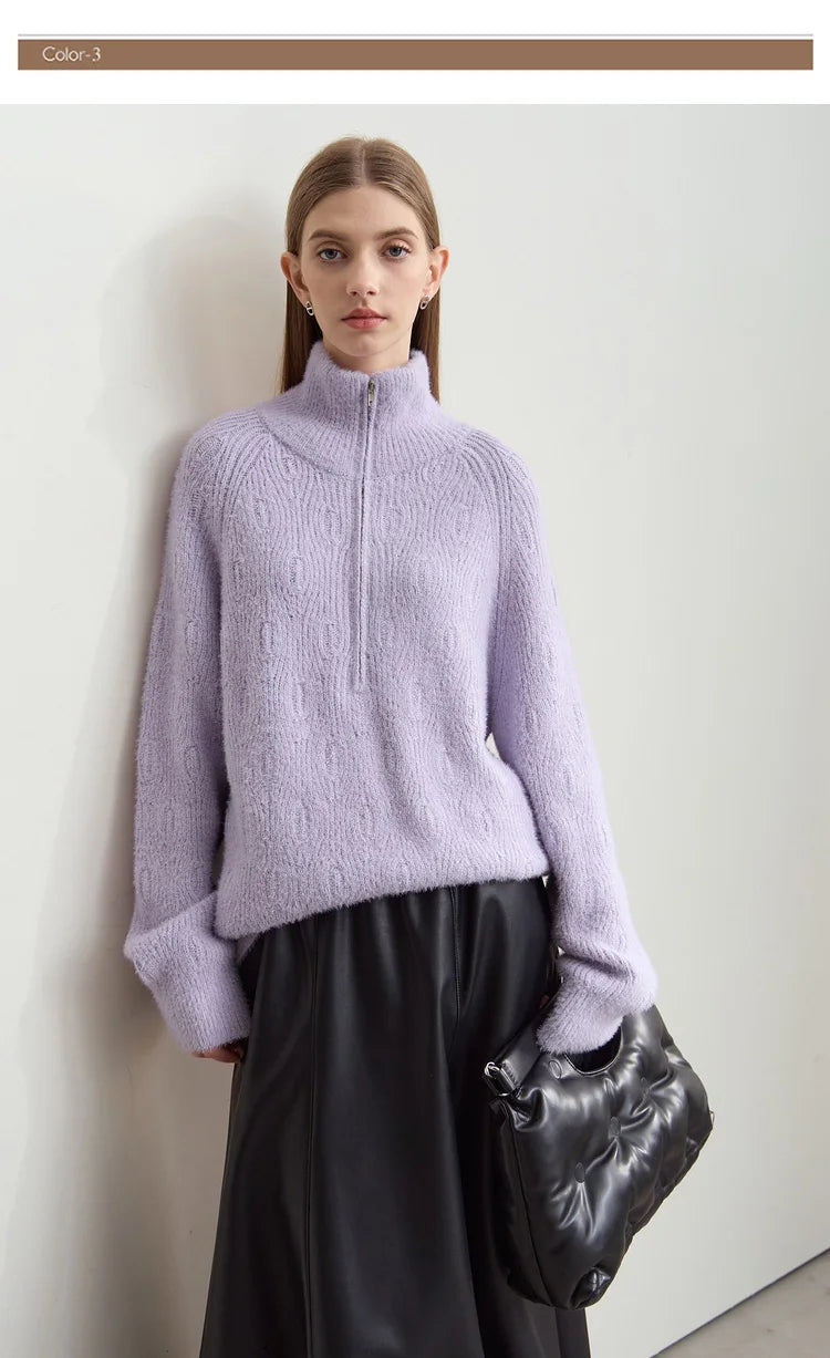 Damen-Rollkragenpullover Reißverschluss Nerz-Optik locker Winter