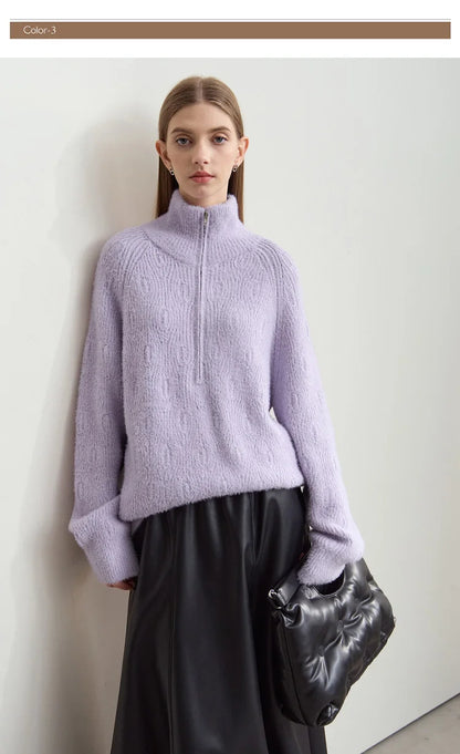 Damen-Rollkragenpullover Reißverschluss Nerz-Optik locker Winter