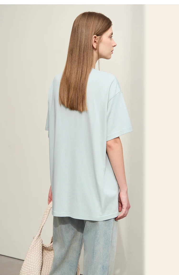 Damen T-Shirt im Minimalismus-Stil mit Taschen und elastischem O-Neck