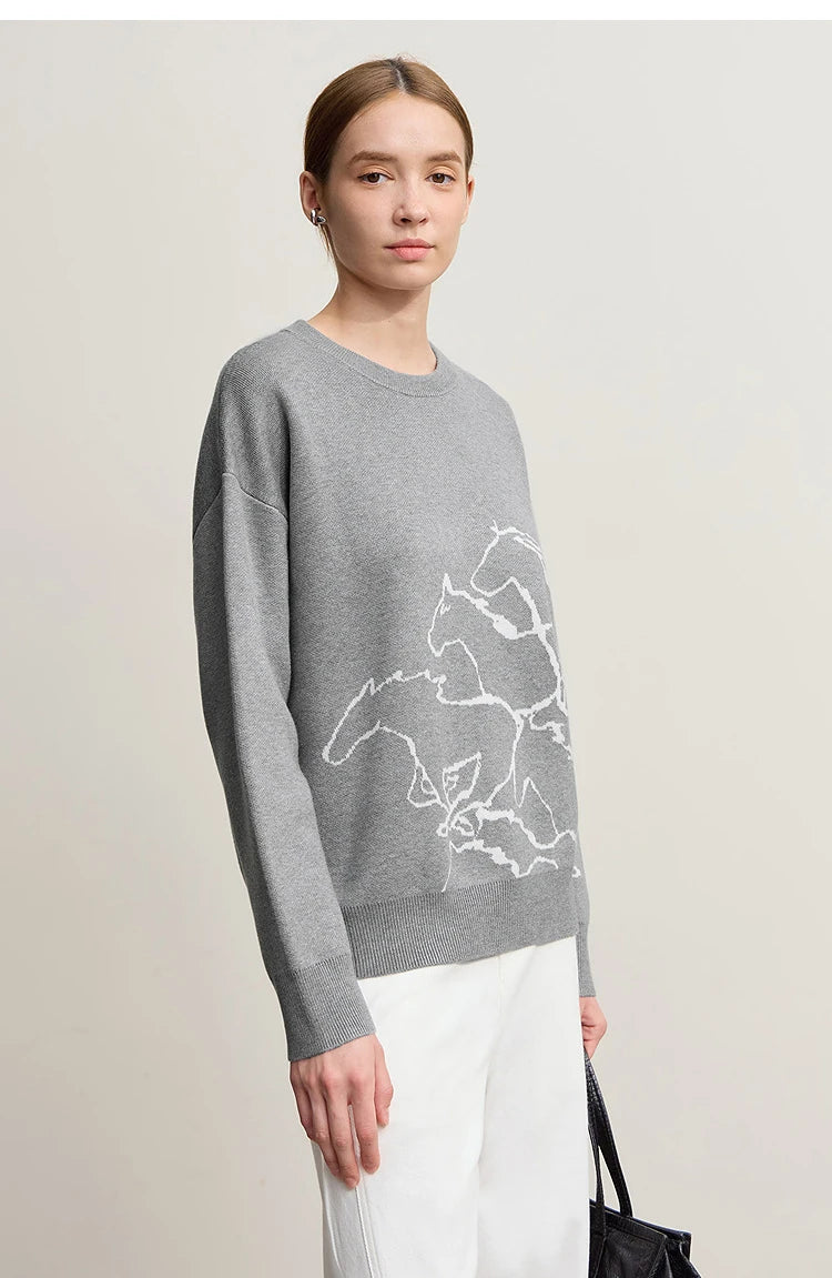 Damen-Rundhalspullover Tier-Jacquard locker Langarm Winter