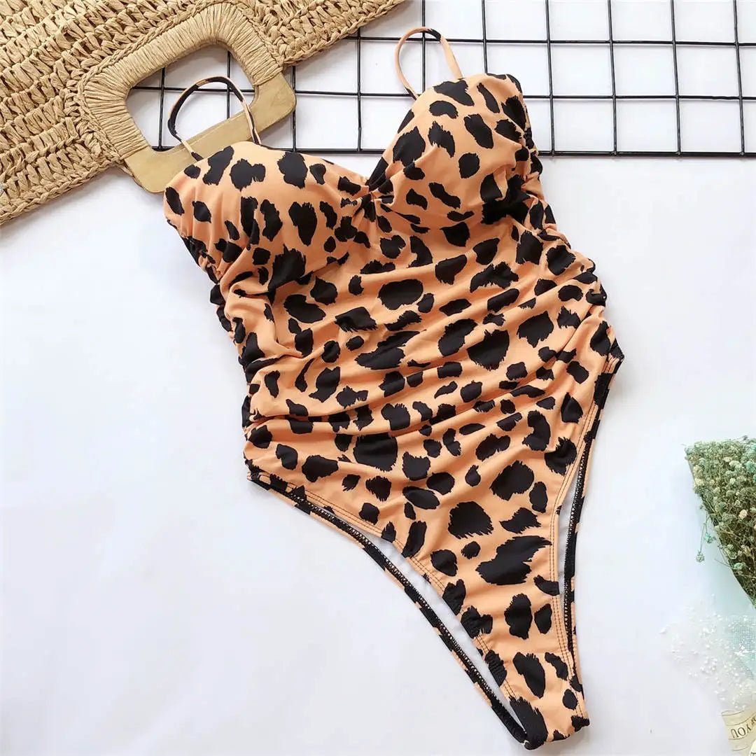 Damen-Badeanzug Leopard Push-Up Bandeau High-Cut gepolstert
