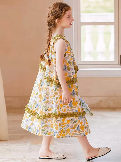 Ärmelloses Sommerkleid für Mädchen im chinesischen Stil aus 100% Baumwolle mit kleinem Blumenmuster – Cheongsam für Kinder von 3 bis 14 Jahren