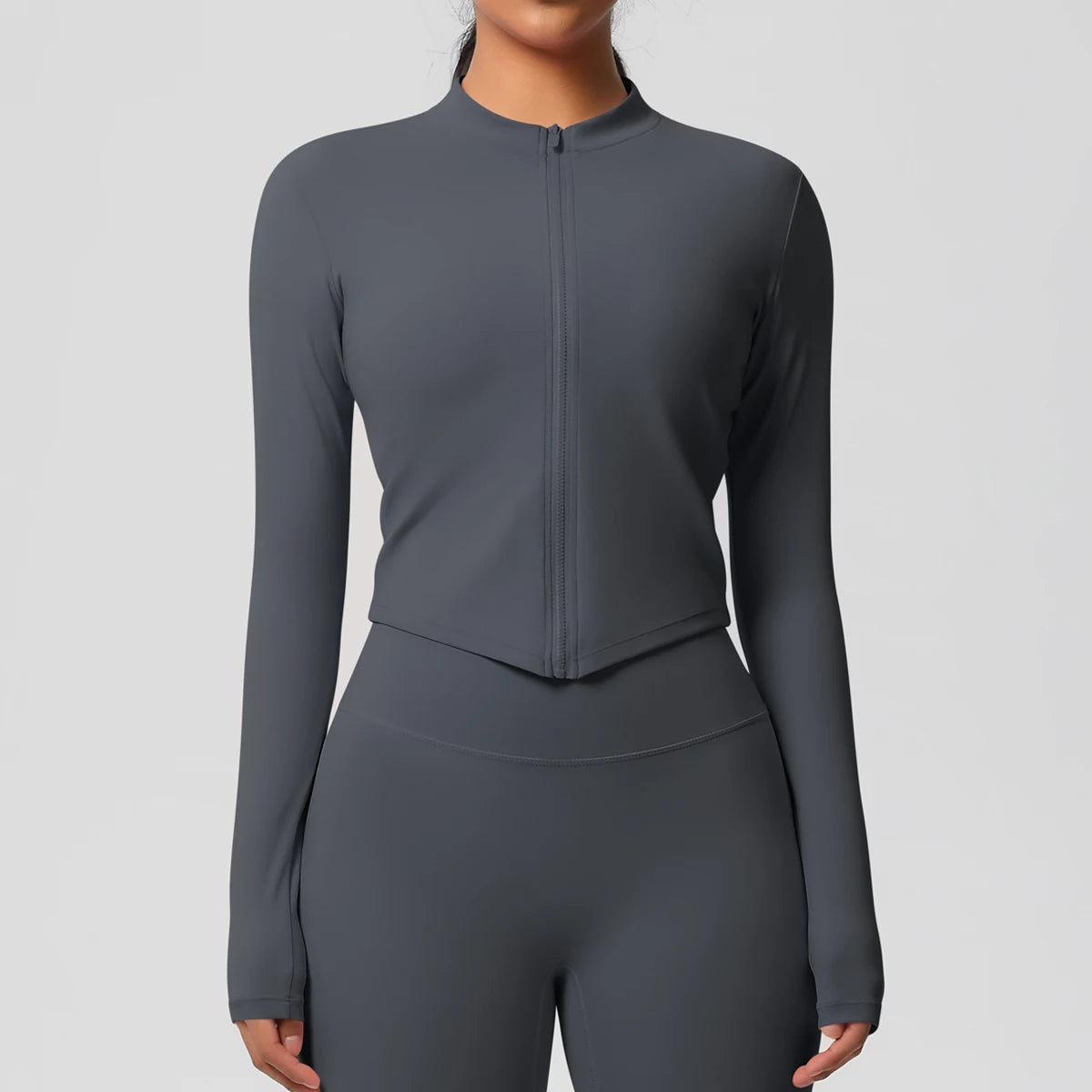 Langarm-Fitnessoberteil, Slim Fit, anthrazit, durchgehender Reißverschluss und Stehkragen