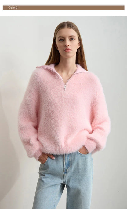 Damen-Rollkragenpullover Nerz-Imitat Reißverschluss locker dick Winter