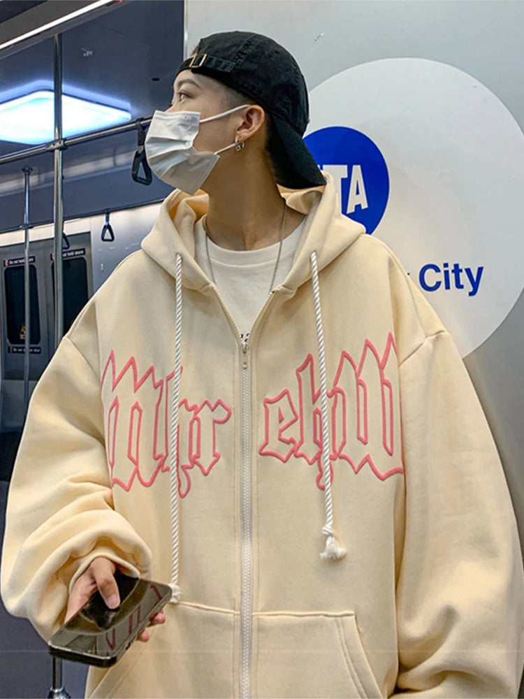 Herren Hoodie mit Gothic Letter Foam Print und Reißverschluss für Streetwear
