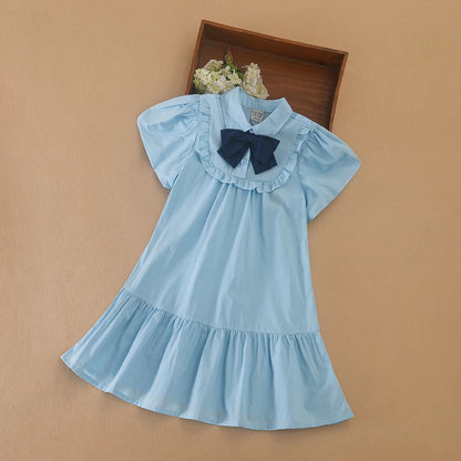 Mädchenkleid mit marineblauer Schleife, 100 % Baumwolle, kurzärmeliges, plissiertes Hemdkleid für lässige Schulkleidung, 5–12 Jahre, Sommerkleidung