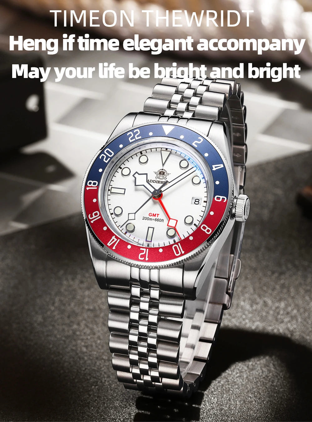 Herren-GMT-Quarzuhr mit Ronda-Werk und Bubble-Glas