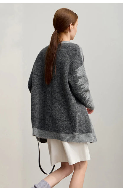 Damen V-Ausschnitt Cardigan lang Patchwork Wolle-Mix Winter