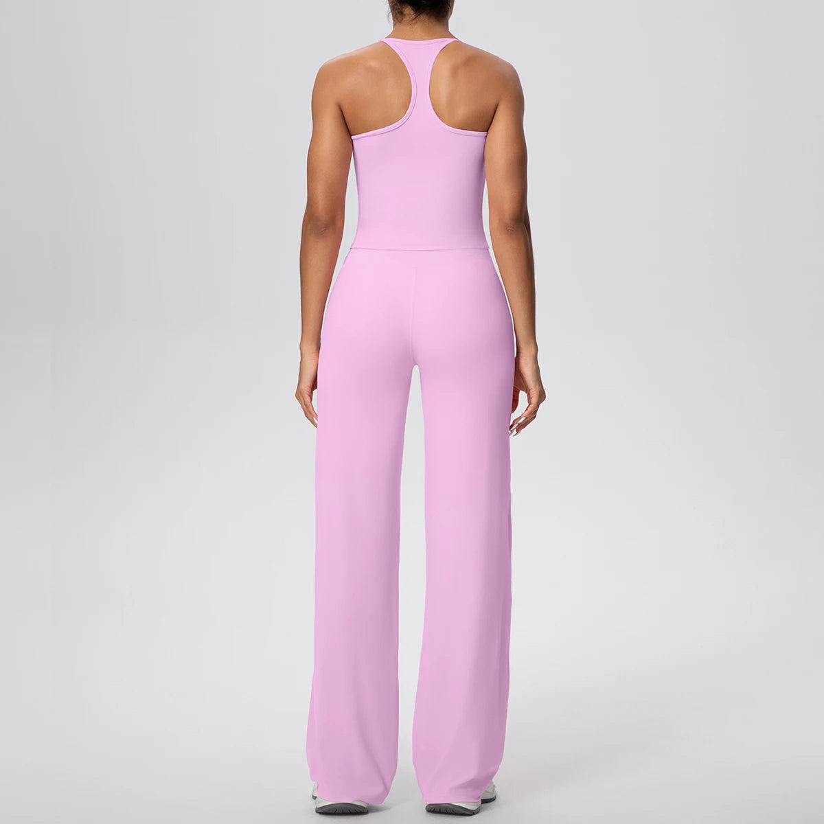 Damen-Yoga-Set lila, Rücken mit breitem Ausschnitt, weites Bein