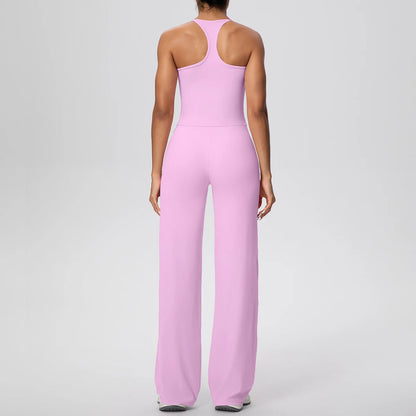 Damen-Yoga-Set lila, Rücken mit breitem Ausschnitt, weites Bein