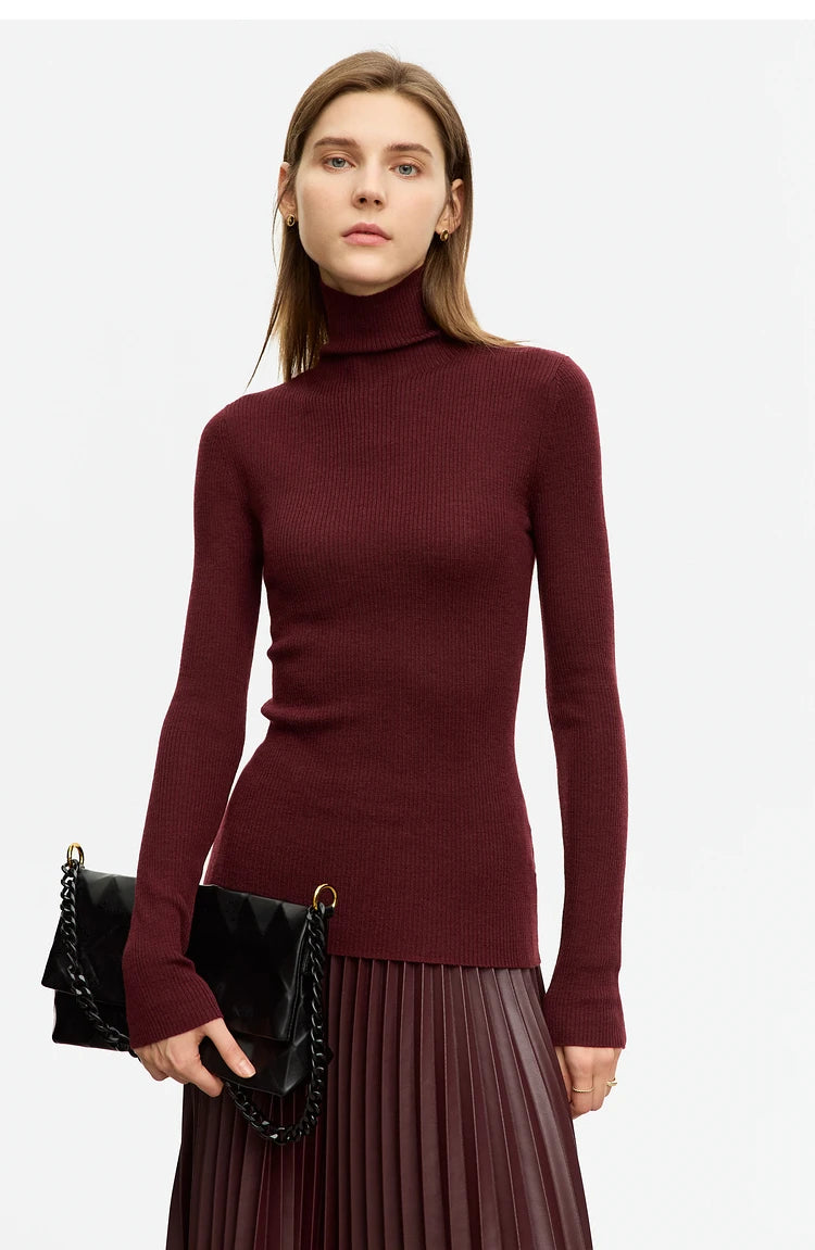 Damen-Rollkragenpullover 100 % Wolle Slim Fit elastisch Winter