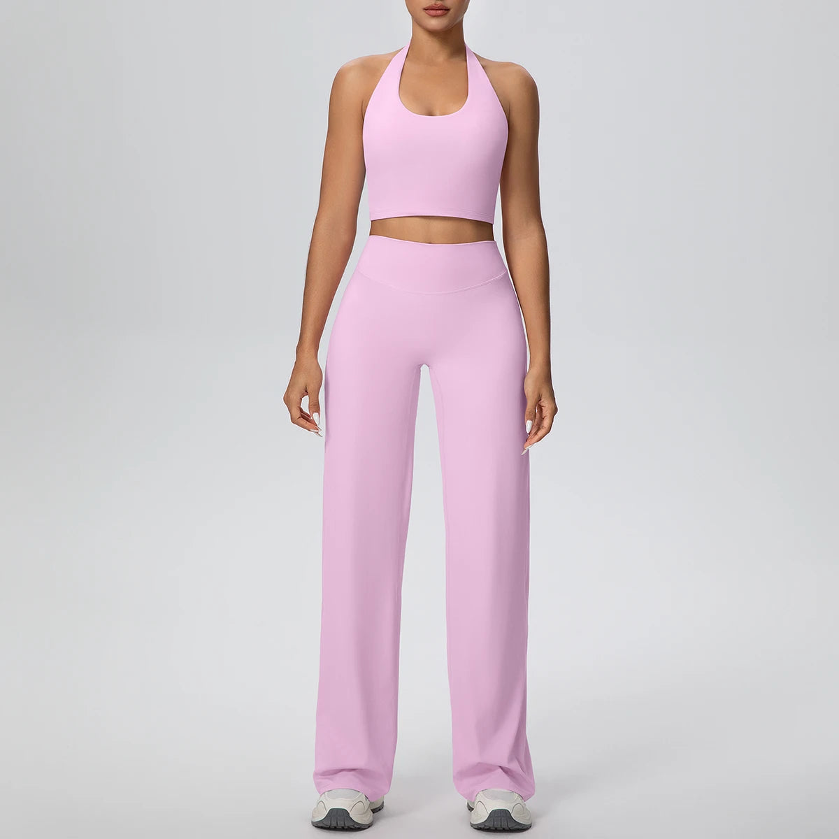 Yoga-Set für Frauen: Sport-BH und weite Hose, rosé/lila, Frontansicht