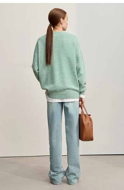 Minimalistischer Damen-Strickpullover, hellgrün, Rundhalsausschnitt, Rückansicht