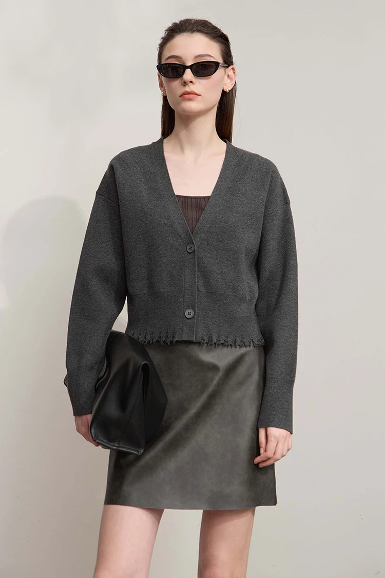 Damen-Strickjacke V-Ausschnitt kurz Quaste locker Langarm Herbst