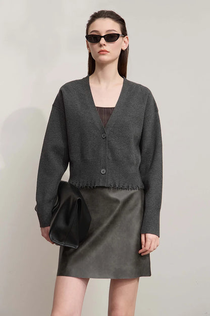 Damen-Strickjacke V-Ausschnitt kurz Quaste locker Langarm Herbst