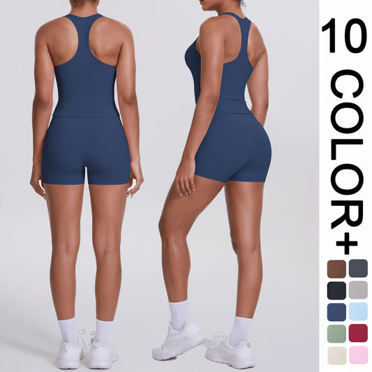 Frauen-Yoga-Set: ärmellose Sportweste und kurze Shorts, Racerback, dunkelblau