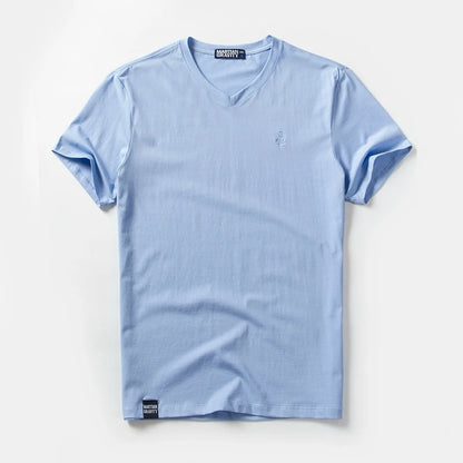 Männer T-Shirt aus einfarbigem Baumwollstoff mit V-Ausschnitt und kurzen Ärmeln
