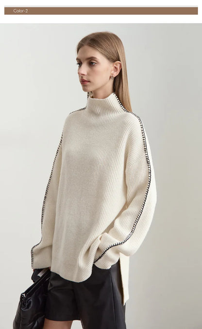 Damen-Rollkragenpullover Wolle Stickerei locker Weihnachten Winter