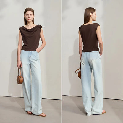 Damen Casual-T-Shirt im minimalistischen Stil mit Swing-Kragen und ärmellos