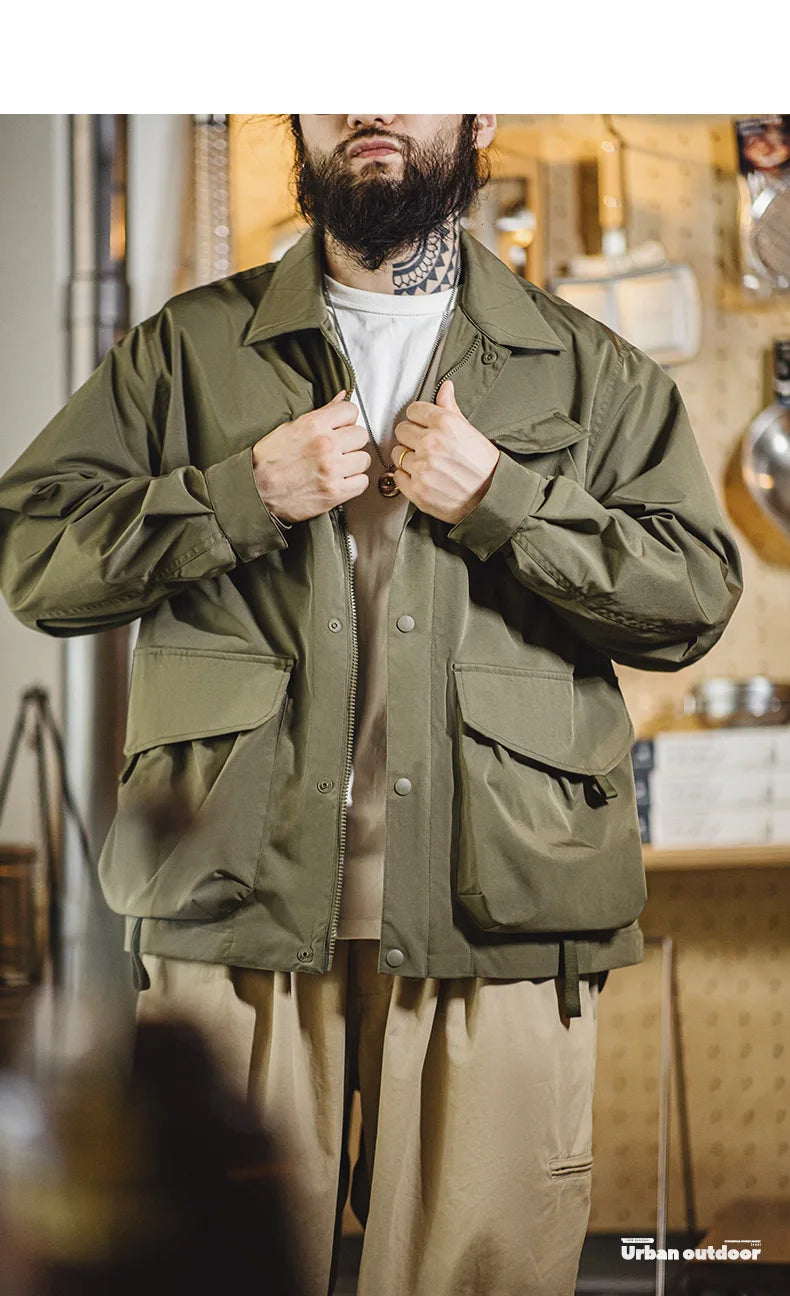 Herren Jacke Urban Outdoor Große Taschen Grüne Lässige Revers Jacke