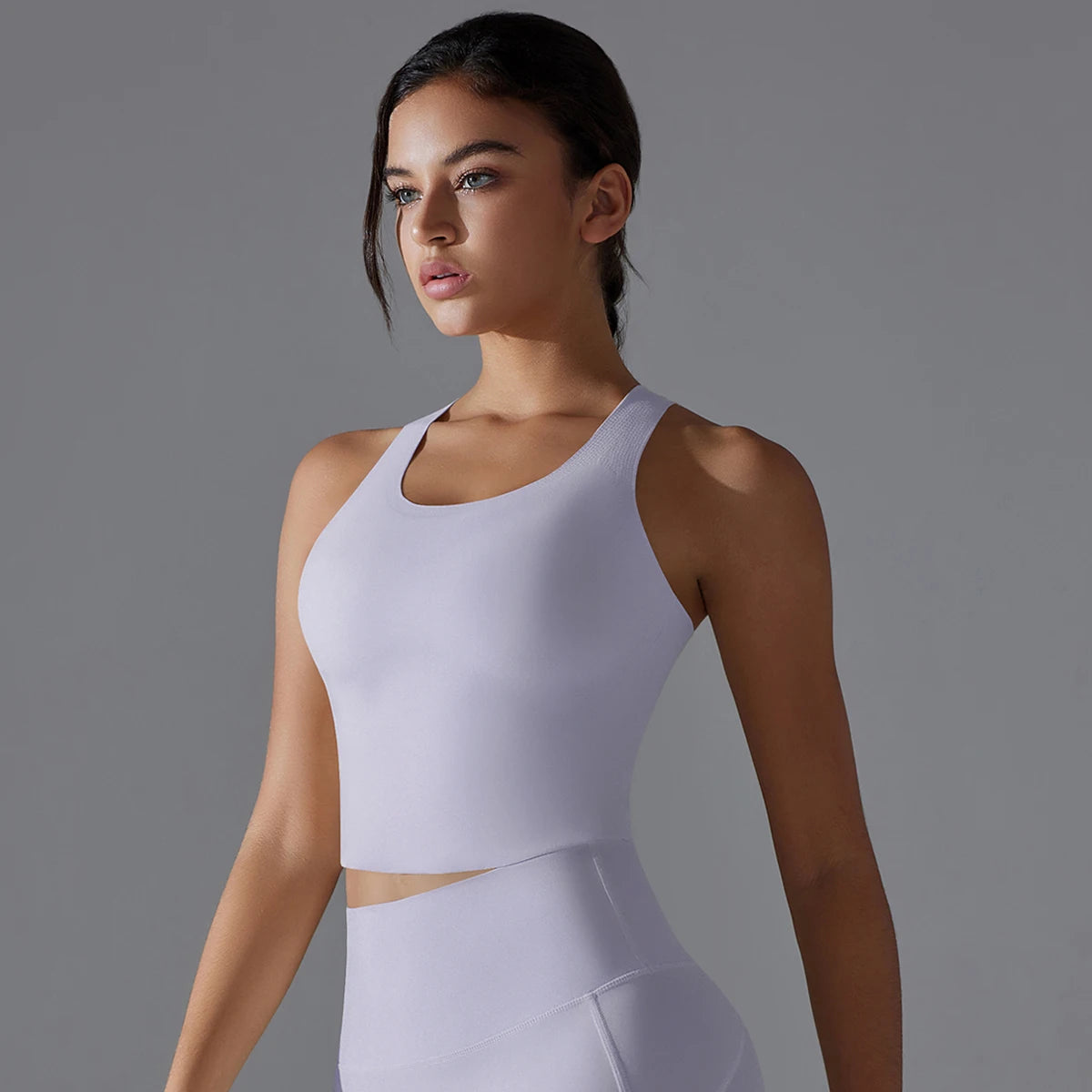 Nahtloses Yoga-Top für Damen mit Rundhalsausschnitt und breiten Trägern, helllila