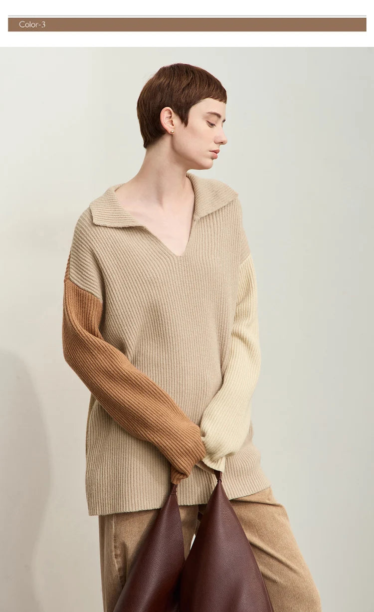 Damen V-Ausschnitt Pullover Patchwork Raglan locker Herbst-Winter