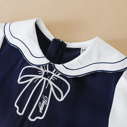 Marineblaues Mädchenkleid mit weißem Kragen und Schleife, kurzärmliges, plissiertes Kleid im Schulstil, Kinderkleidung für 5–12 Jahre