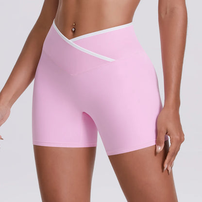 Damen-Yoga-Shorts, hochtailliert, hellrosa, enger Schnitt mit weißem Zierband am Bund