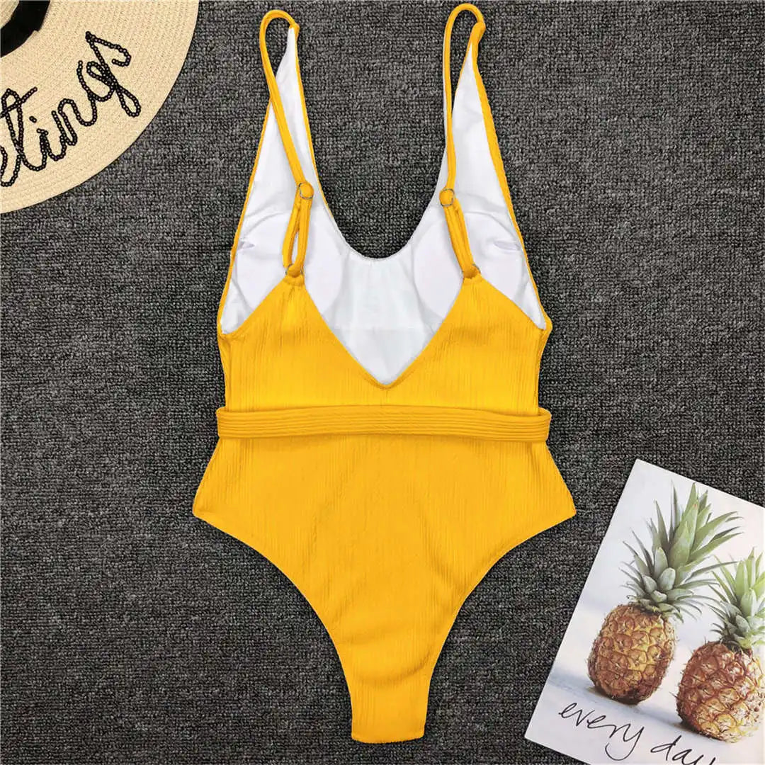 Damen-Badeanzug gerippt High-Cut Gürtel Monokini 6 Farben