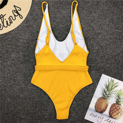 Damen-Badeanzug gerippt High-Cut Gürtel Monokini 6 Farben