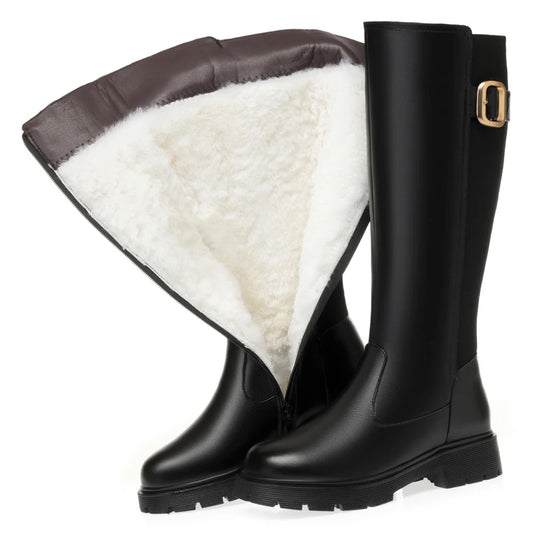 Winterstiefel aus schwarzem Leder mit warmem Wollfutter und hoher Schaftform