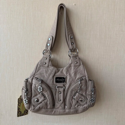 Damen-Tote-Tasche mit oberem Griff und Mehrfachfächern für Handy und Karten mit weicher Oberflächenstruktur