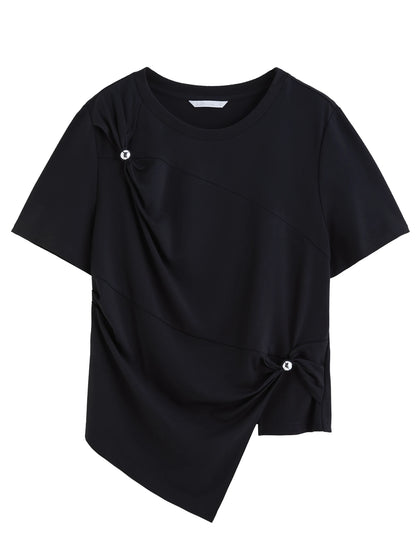 Kurzarmshirt für Damen in Übergröße mit Rundhalsausschnitt und Origami-Print – Sommerliches Design mit Schleifendetail