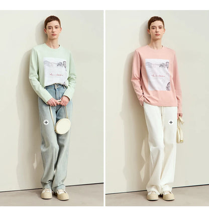 Damen T-Shirt im Minimalismus-Stil mit Kunstdruck und Stickerei für den Herbst