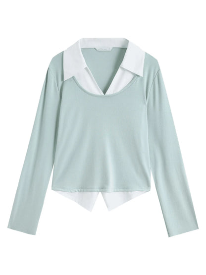 Elegante Damen-Spitzenbluse mit langen Ärmeln und Knopfleiste in sanftem Beige und Lila – ideal für den Winter.