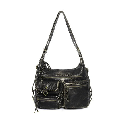 Damen-Schultertasche aus PU Großes Fassungsvermögen mit Innenfächern Vintage-Look Schwarz