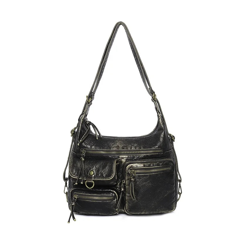 Damen-Umhängetasche Aus PU Mit Top-Griff Und Vintage-Look Schwarz Große Kapazität