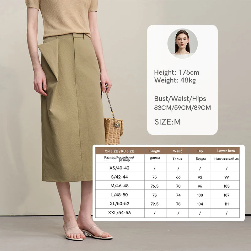 Damen-Midi-Rock in Khaki mit asymmetrischem Schnitt und geraffter Stoffkante