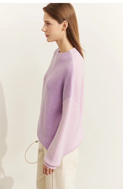 AMII Pullover Damen, Rundhals, lila Strickpullover mit Farbblock-Ärmeln, gerippt