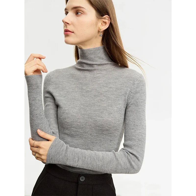 Damen-Rollkragenpullover 100 % Wolle Slim Fit elastisch Winter