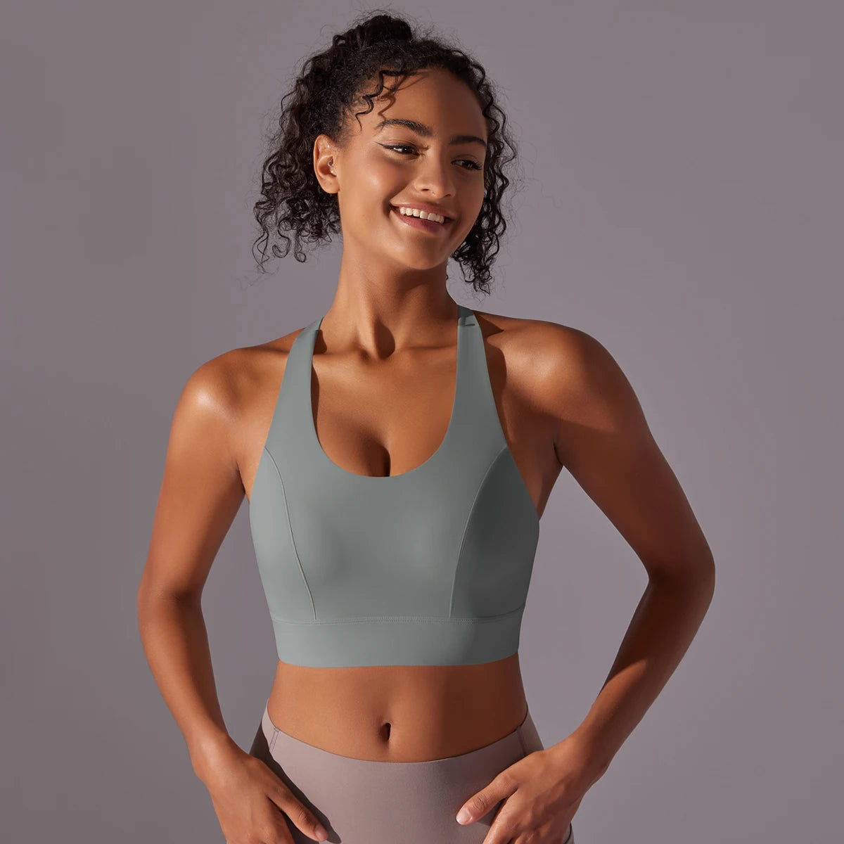 Sport-BH Yoga-Top, hellgrau-blau, Racerback mit breitem Rückenband