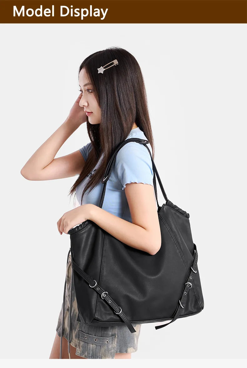 Damen-Schultertasche aus weichem PU mit verstellbaren Schnallenriemen und großem Fassungsvermögen dunkelgrau