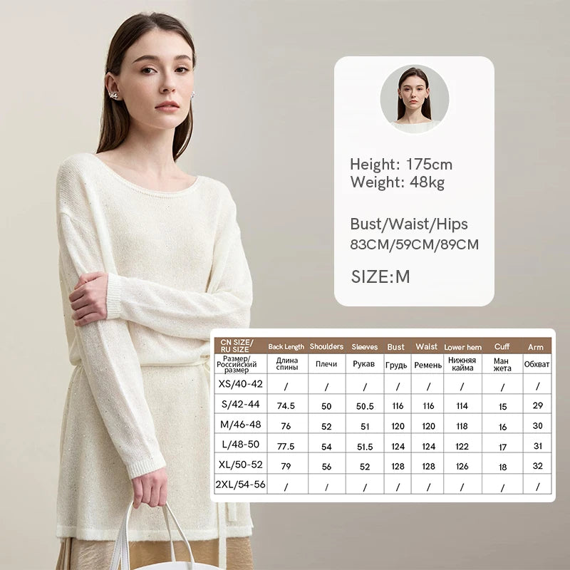 Beiger Strickpullover mit Rundhalsausschnitt, langen Ärmeln und Bindegürtel