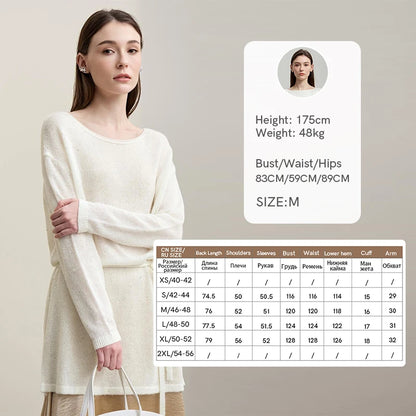 Beiger Strickpullover mit Rundhalsausschnitt, langen Ärmeln und Bindegürtel