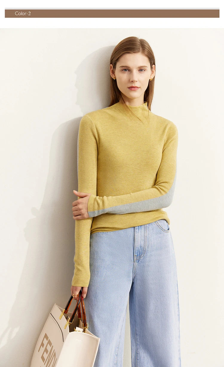 Damen-Halbrollkragen-Pullover Slim Patchwork Wolle-Mix Herbst-Winter